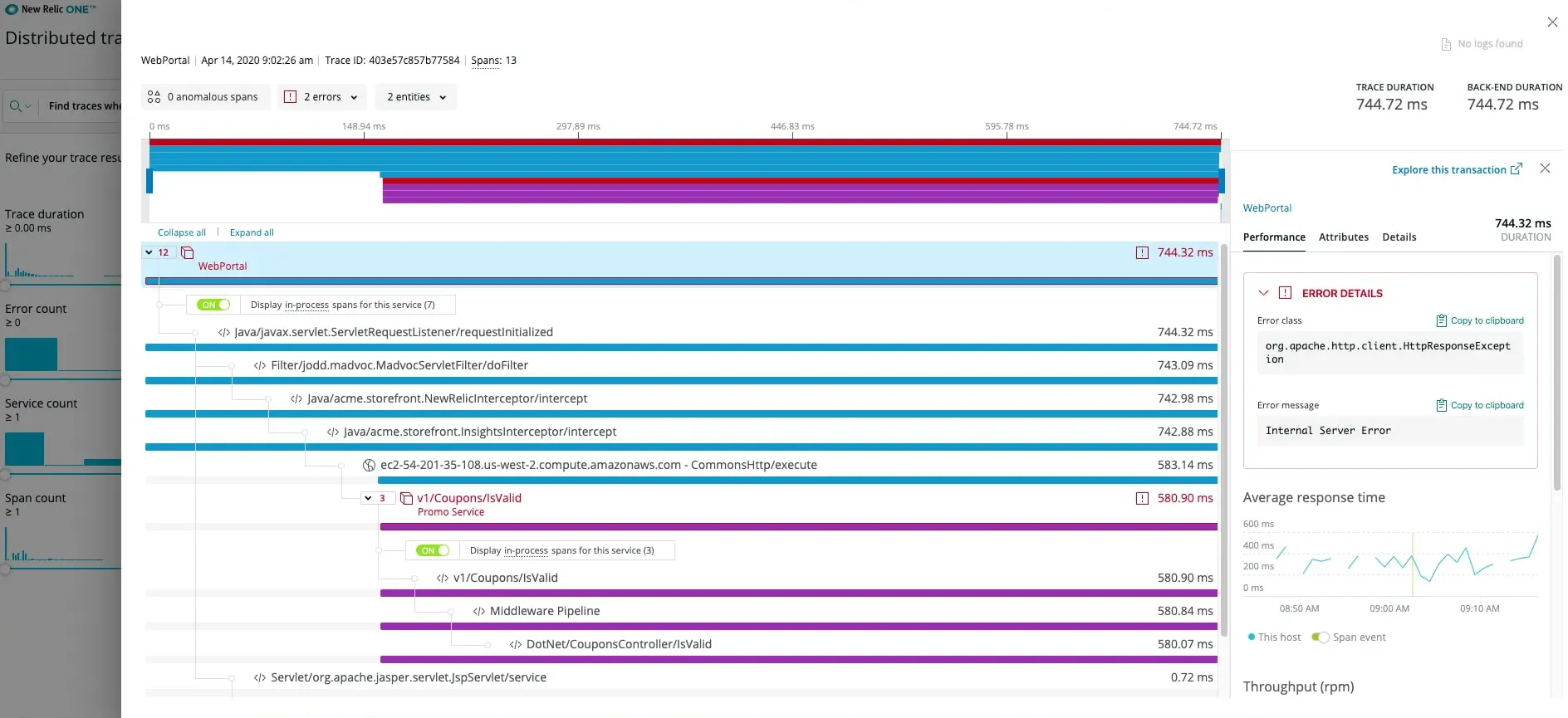 New Relic distributed tracing dashboard