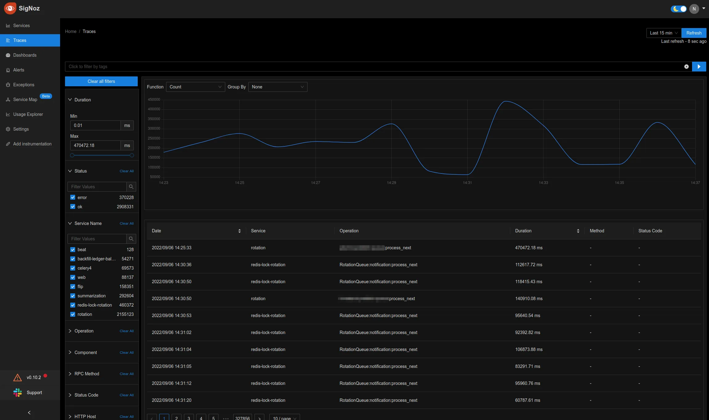 SigNoz trace filter page 