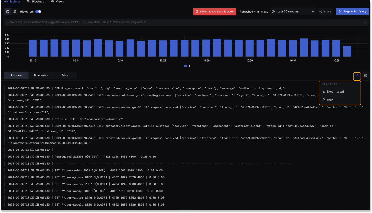 Download Logs feature in List View of Logs Explorer