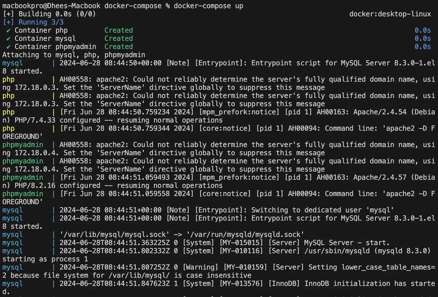 Docker logs outputted in the terminal (foreground)